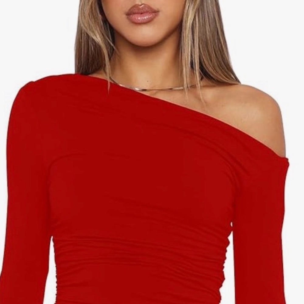 Red Long Sleeve Off The Shoulder Cocktail Mini Dress - Picture 3 of 6